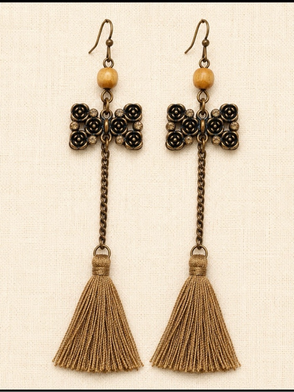 Boho Floral Bow Tassel Earrings Bronze Tone Rhinestone Wood Bead Dangles